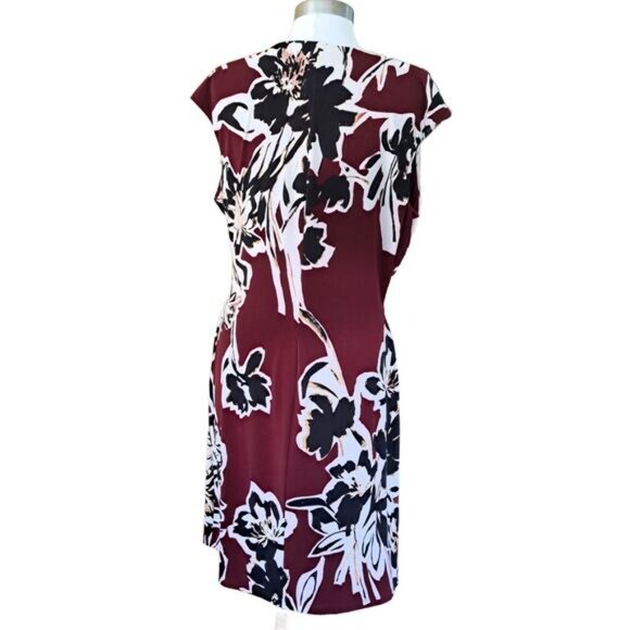 LAUREN Ralph Lauren Burgundy Floral Jersey Draped Sheath Dress Size 16 - Picture 3 of 7